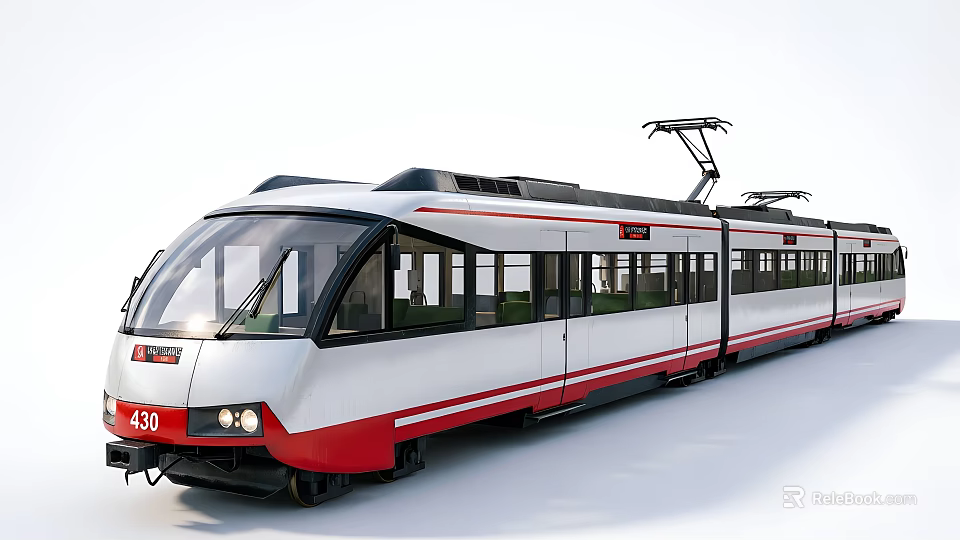 Modern Red and White Electric Tram with Large Windows Front View and Overhead Lines 3d model 