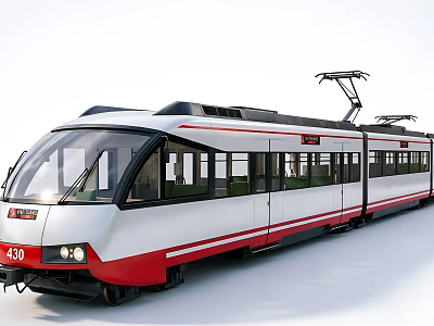Modern Red and White Electric Tram with Large Windows Front View and Overhead Lines 3d model