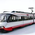 Modern Red and White Electric Tram with Large Windows Front View and Overhead Lines