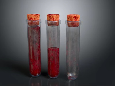 Three Medical Device Test Tubes Containing Red Liquid And Cork Stoppers 3d model