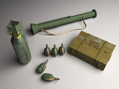 Military Weapons Display With Green Rocket Launcher Hand Grenades And Wooden Ammunition Box 3d model