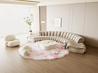 Cozy Living Room With Curved Sofa Round Coffee Table Pink Rug And Plush Toys 3d model