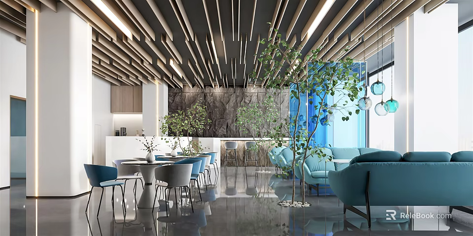 Modern Café Interior Design With Teal Sofas Green Plants And Stylish Hanging Lights 3d model 
