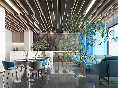 Modern Café Interior Design With Teal Sofas Green Plants And Stylish Hanging Lights 3d model