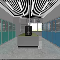 Modern Laboratory Interior With Green Blue Cabinets Central Bench Ceiling Strip Lights And Windows