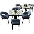 Modern Table and Chair Set with Patterned Top and Blue Upholstered Seats 3d model