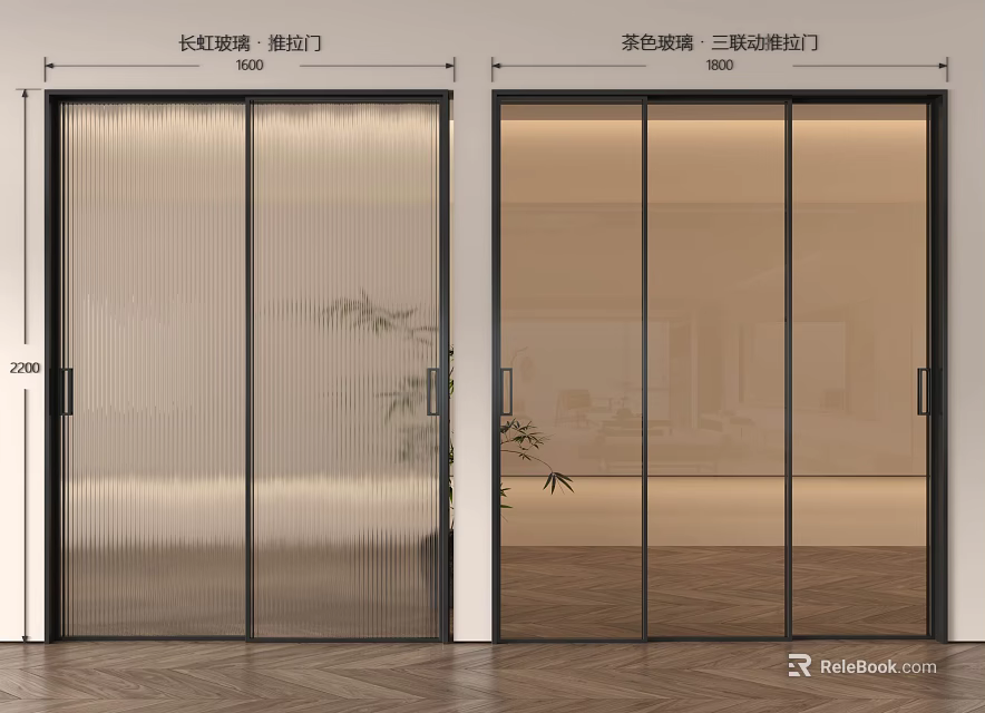 Modern Interior Design With Ribbed Glass Sliding Doors And Tea Gray Triple Panel Sliding Doors 3d model 