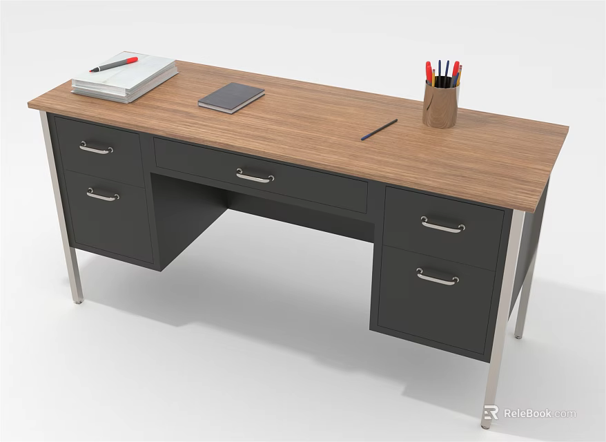 Modern Office Desk With Wooden Top Black Drawers Metal Legs And Notebook Tablet Pen Holder 3d model 