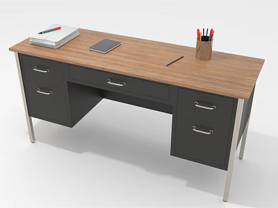 Modern Office Desk With Wooden Top Black Drawers Metal Legs And Notebook Tablet Pen Holder 3d model