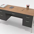 Modern Office Desk With Wooden Top Black Drawers Metal Legs And Notebook Tablet Pen Holder
