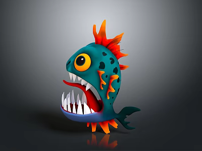 3D Cartoon Fish Character With Green Body Orange Fins Spiky Spines And Sharp Teeth 3d model
