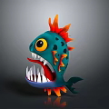 3D Cartoon Fish Character With Green Body Orange Fins Spiky Spines And Sharp Teeth