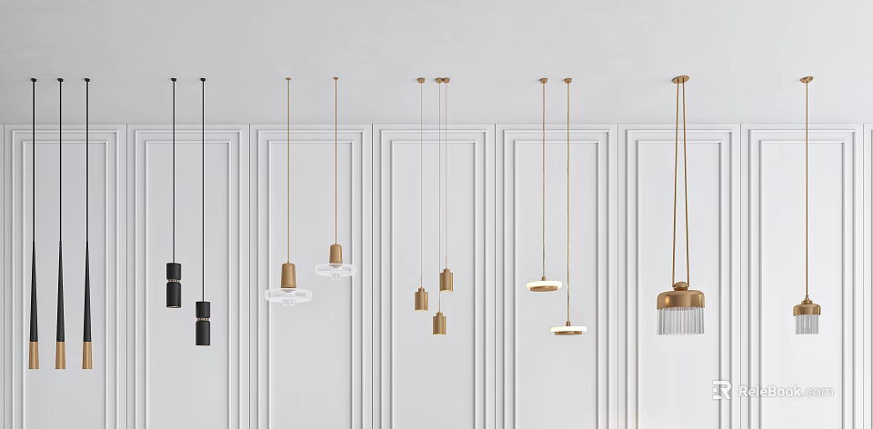 Modern Pendant Lights With Various Designs Displayed On White Wall 3d model