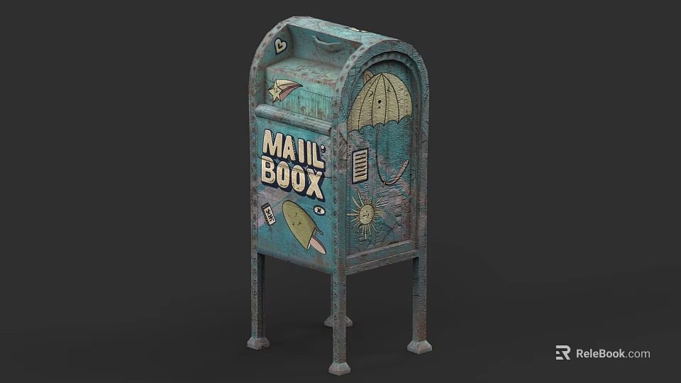 Rustic Teal Roadside Mailbox With Decorative Elements And Mail Delivery Function 3d model 