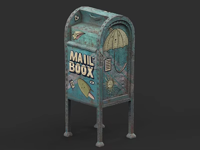 Rustic Teal Roadside Mailbox With Decorative Elements And Mail Delivery Function 3d model