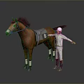 Brown horse with saddle numbered 8 and jockey in white uniform standing with outstretched arms