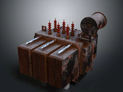 Vintage Industrial Transformer Featuring Rusty Metal Casing Red Insulators And Cooling Fins 3d model