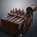 Vintage Industrial Transformer Featuring Rusty Metal Casing Red Insulators And Cooling Fins