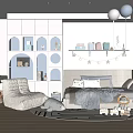 Kids Room Interior Featuring Arched Storage Cabinets Bed Stuffed Toys Decorative Shelves And Rug
