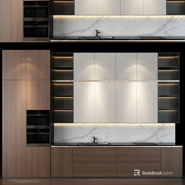 Modern Kitchen Cabinets With Wooden And White Panels Sleek Lighting And Marble Countertop 3d model 