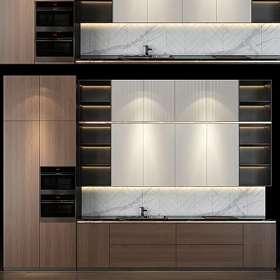 Modern Kitchen Cabinets With Wooden And White Panels Sleek Lighting And Marble Countertop 3d model