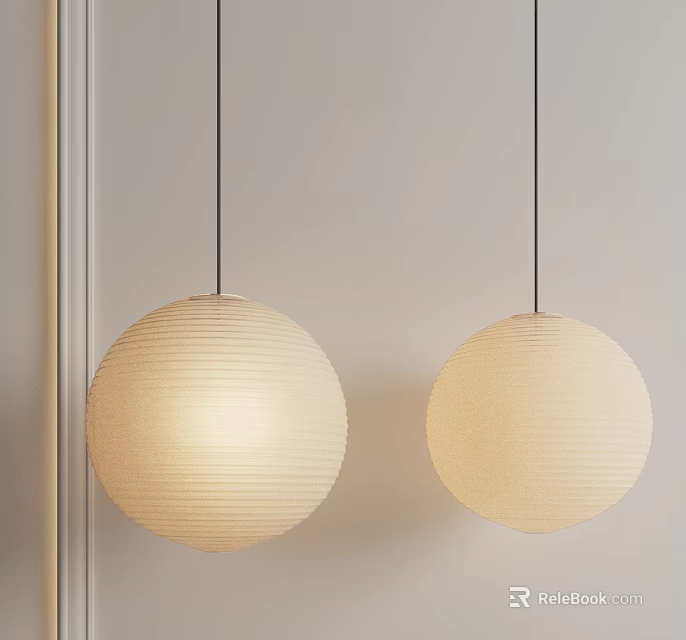Beige Spherical Pendant Lights With Striped Texture Hanging In Minimalist Light Wall Interior 3d model 