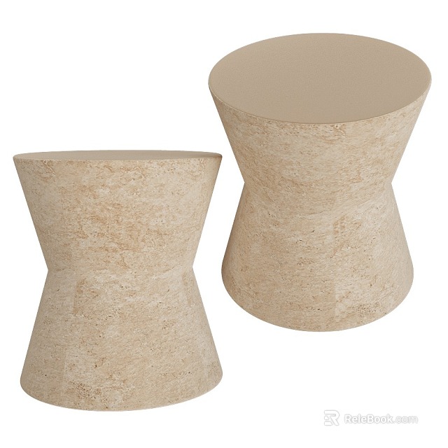 Pair of Beige Stone Side Tables with Hourglass Curved Silhouette for Modern Living Room 3d model 