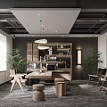 Modern Conference Room Interior Design With Long Table Brown Chairs Open Shelves And Large Windows