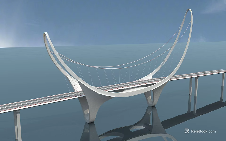 Modern Curved White Bridge With Sleek Architectural Structure Over Water Surface And Reflection 3d model 