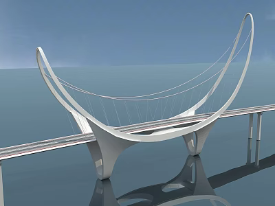 Modern Curved White Bridge With Sleek Architectural Structure Over Water Surface And Reflection 3d model