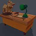 Functional Wooden Desk with Green Desk Lamp Wooden Dog Sculpture Tools and Red Knob Drawer