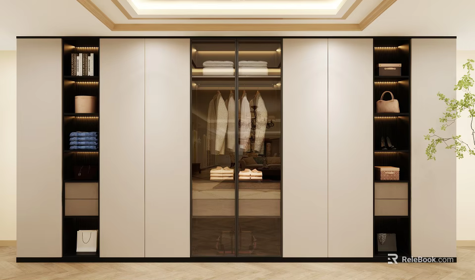Modern Wardrobe Interior With Glass Sliding Doors Hanging Clothes Storage Shelves And Drawers 3d model 