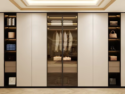 Modern Wardrobe Interior With Glass Sliding Doors Hanging Clothes Storage Shelves And Drawers 3d model