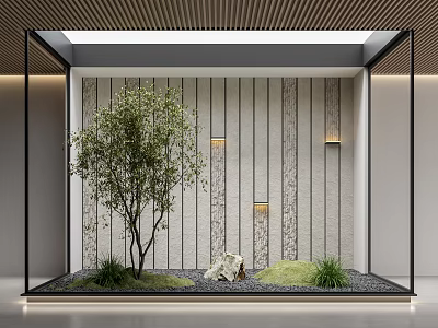 Modern Courtyard Garden Design With Vertical Striped Wall Recessed Lights Stone And Small Plants 3d model