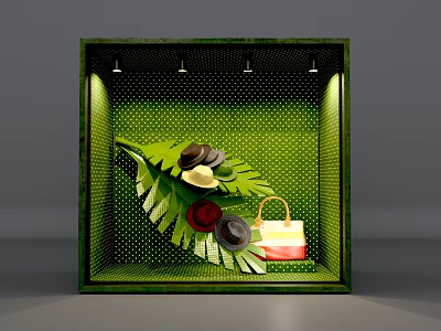 Fashion Store Window Display Green Polka Dot Background Tropical Leaf Stylish Hats Handbags 3d model