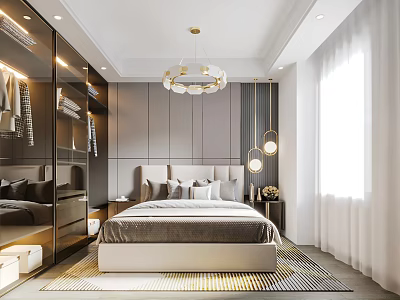 Modern Bedroom With Upholstered Headboard Gold Chandelier Mirrored Wardrobe White Curtains And Geometric Rug 3d model