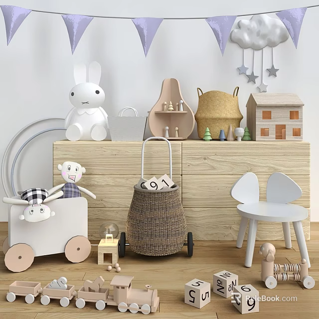 Kids Playroom Interior With Stuffed Rabbit Wooden Shelf Toy Car Woven Basket And Stars 3d model 