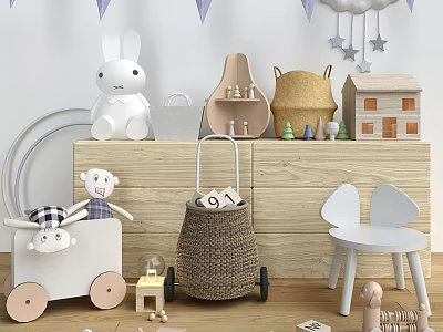 Kids Playroom Interior With Stuffed Rabbit Wooden Shelf Toy Car Woven Basket And Stars 3d model