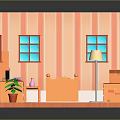 Cartoon Room Scene with Pink Striped Walls Blue Framed Windows Desk Computer Bed Pink Rug