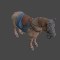 Realistic Brown Horse Equipped with Leather Harness Blue Saddle Pad and Bridle