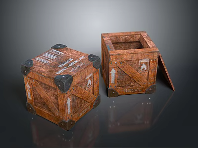 Pair of Vintage Wooden Crates with Metal Corners Open Lid and Labels 3d model