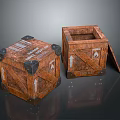 Pair of Vintage Wooden Crates with Metal Corners Open Lid and Labels