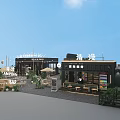 Black Exterior Container Building for Campsite Barbecue with Bar Counter Stools and Green Plants