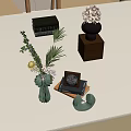 Decorative Items with Green Vase Flowers Leaves Photo Frame Books and Wooden Base Decor