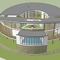 Modern Detached Villa With Curved Roof Large Glass Windows Roof Garden And Wooden Deck 3d model