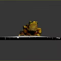 Yellow and black spotted frog sitting on white circular platform with gray background