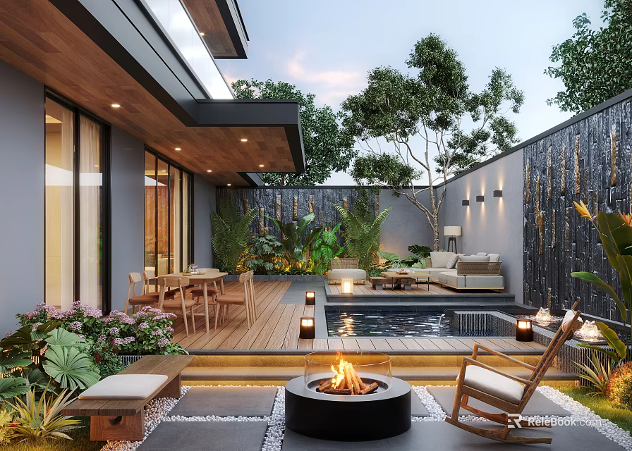 Modern Garden Outdoor Space With Fire Pit Pool Water Wall Wooden Deck And Lush Greenery 3d model 