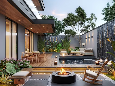 Modern Garden Outdoor Space With Fire Pit Pool Water Wall Wooden Deck And Lush Greenery 3d model