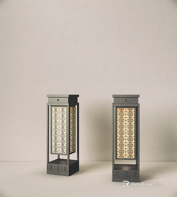 Modern Two Table Lamps With Black Frame And Geometric Pattern Shade 3d model