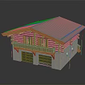 Chalet Style House With Grey Roof Wooden Eaves Balcony Concrete Walls And Green Garage Doors